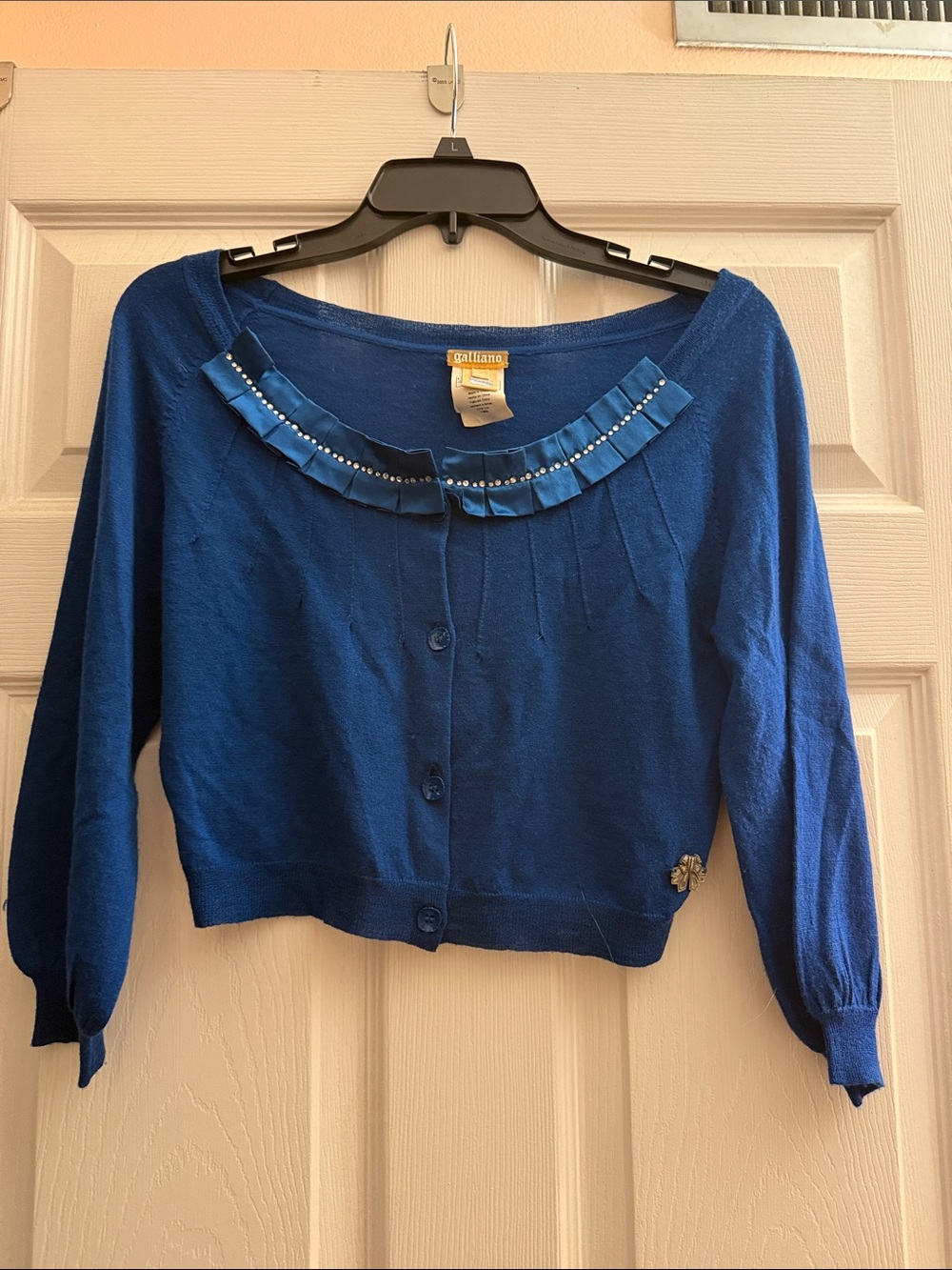 Galliano Cobalt Blue Cropped Cardigan with Pleated Rhinestone Trim